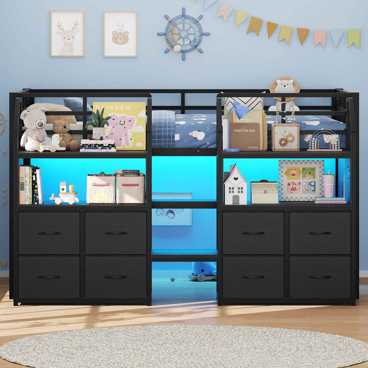ADORNEVE Low Loft Bed Twin Size with Stairs and 8 Large Drawers LED Loft Bed with 4 Open Bookcases and 14" H Safety Guardrail