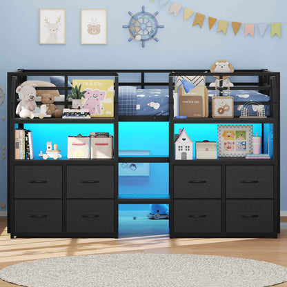 ADORNEVE Low Loft Bed Twin Size with Stairs and 8 Large Drawers LED Loft Bed with 4 Open Bookcases and 14" H Safety Guardrail