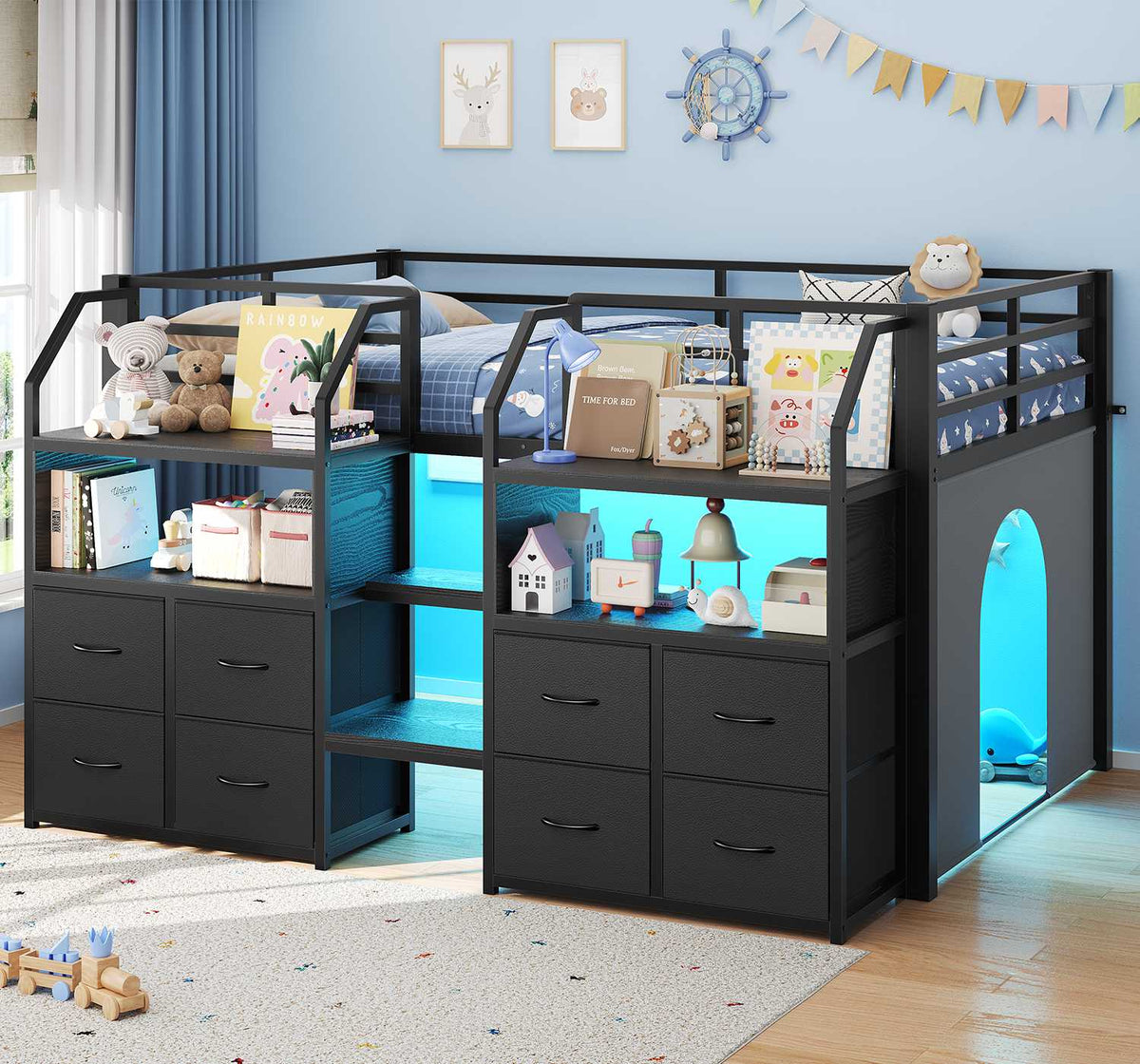 ADORNEVE Low Loft Bed Twin Size with Stairs and 8 Large Drawers LED Loft Bed with 4 Open Bookcases and 14" H Safety Guardrail