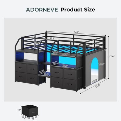 ADORNEVE Low Loft Bed Twin Size with Stairs and 8 Large Drawers LED Loft Bed with 4 Open Bookcases and 14" H Safety Guardrail