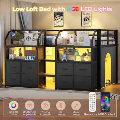 ADORNEVE Low Loft Bed Twin Size with Stairs and 8 Large Drawers LED Loft Bed with 4 Open Bookcases and 14" H Safety Guardrail