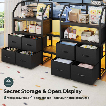 ADORNEVE Low Loft Bed Twin Size with Stairs and 8 Large Drawers LED Loft Bed with 4 Open Bookcases and 14" H Safety Guardrail