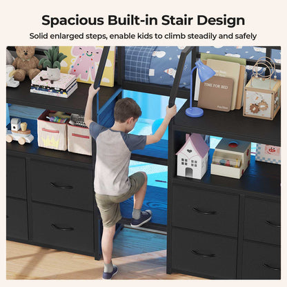 ADORNEVE Low Loft Bed Twin Size with Stairs and 8 Large Drawers LED Loft Bed with 4 Open Bookcases and 14" H Safety Guardrail