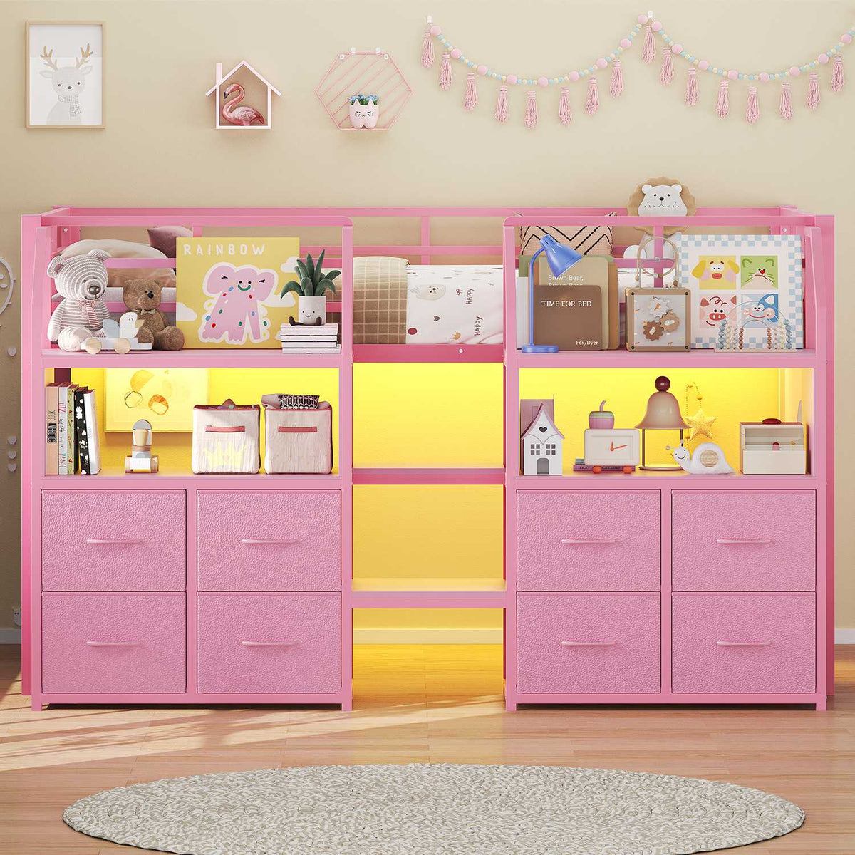 ADORNEVE Low Loft Bed Twin Size with Stairs and 8 Large Drawers LED Loft Bed with 4 Open Bookcases and 14" H Safety Guardrail