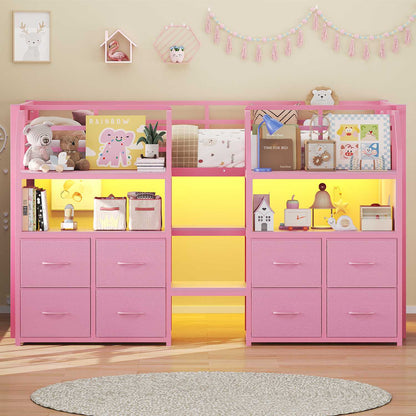 ADORNEVE Low Loft Bed Twin Size with Stairs and 8 Large Drawers LED Loft Bed with 4 Open Bookcases and 14" H Safety Guardrail