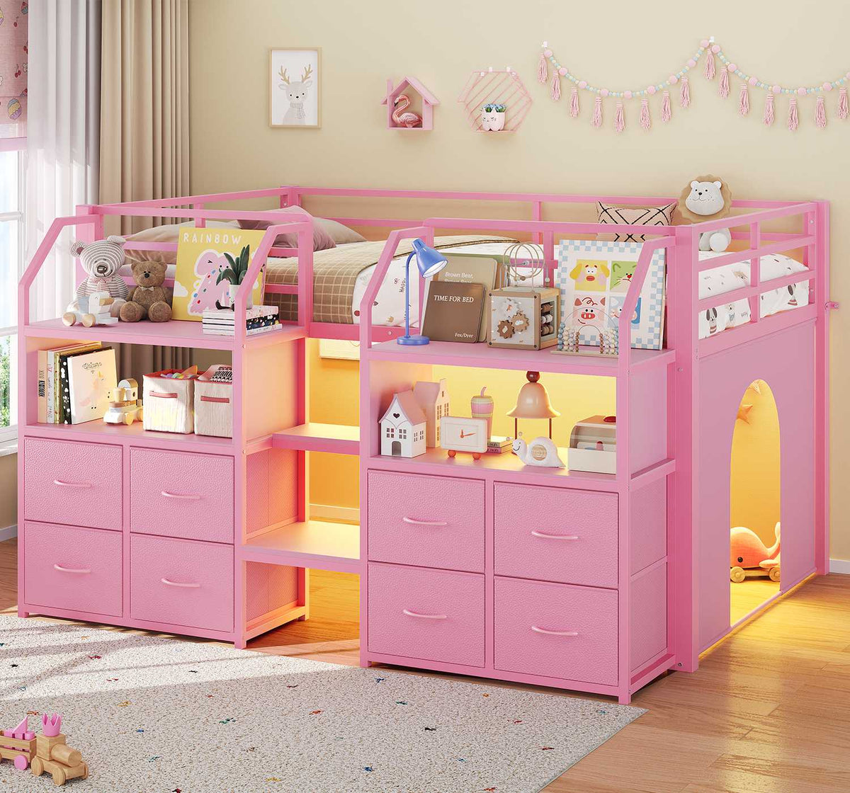 ADORNEVE Low Loft Bed Twin Size with Stairs and 8 Large Drawers LED Loft Bed with 4 Open Bookcases and 14" H Safety Guardrail