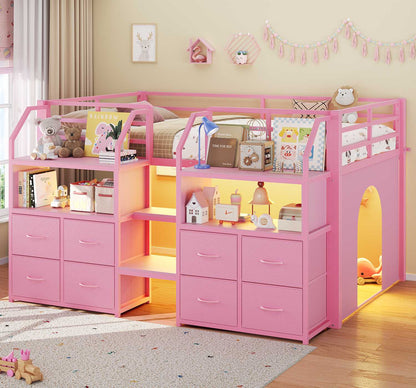ADORNEVE Low Loft Bed Twin Size with Stairs and 8 Large Drawers LED Loft Bed with 4 Open Bookcases and 14" H Safety Guardrail
