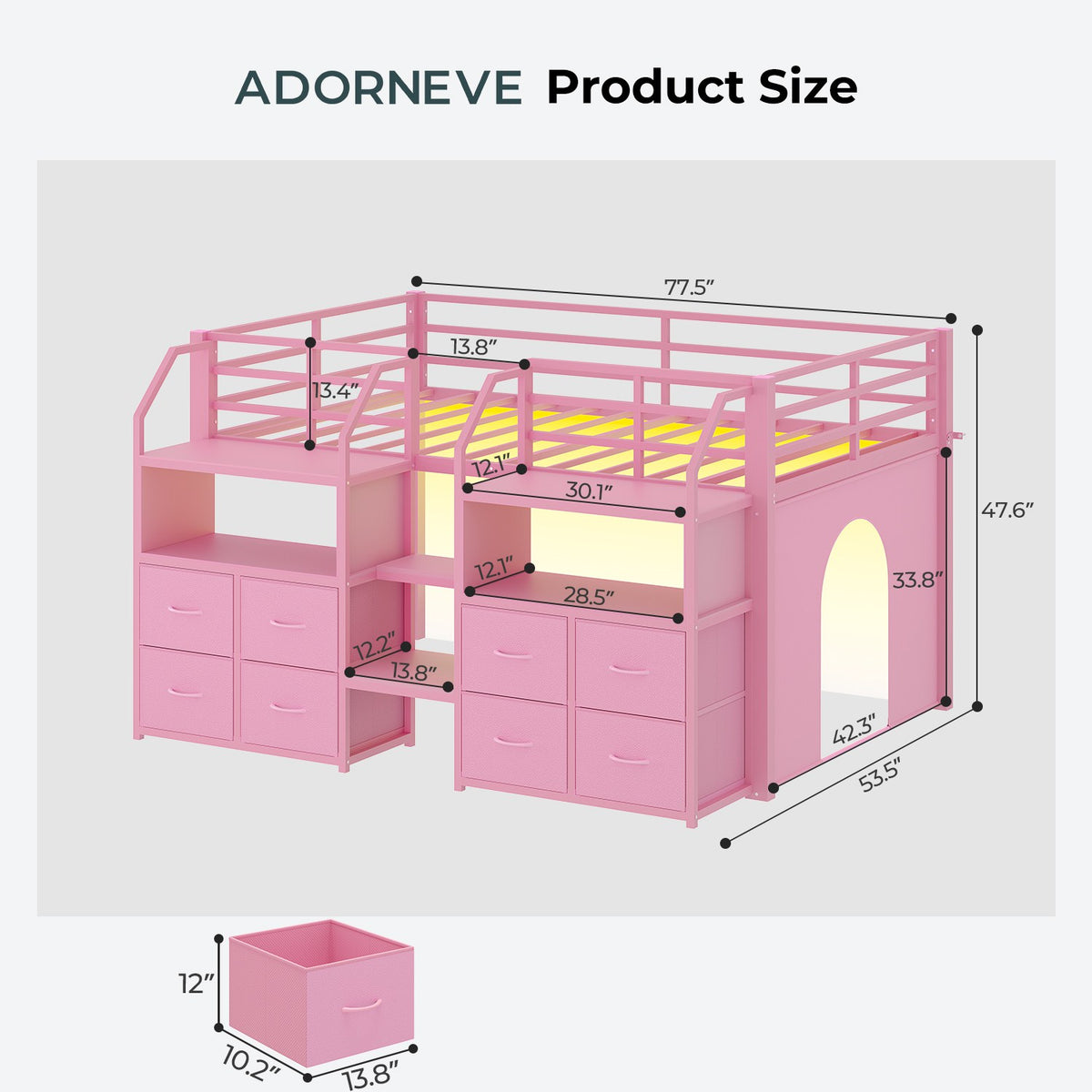ADORNEVE Low Loft Bed Twin Size with Stairs and 8 Large Drawers LED Loft Bed with 4 Open Bookcases and 14" H Safety Guardrail