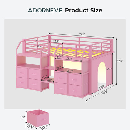 ADORNEVE Low Loft Bed Twin Size with Stairs and 8 Large Drawers LED Loft Bed with 4 Open Bookcases and 14" H Safety Guardrail