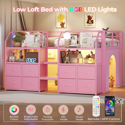 ADORNEVE Low Loft Bed Twin Size with Stairs and 8 Large Drawers LED Loft Bed with 4 Open Bookcases and 14" H Safety Guardrail