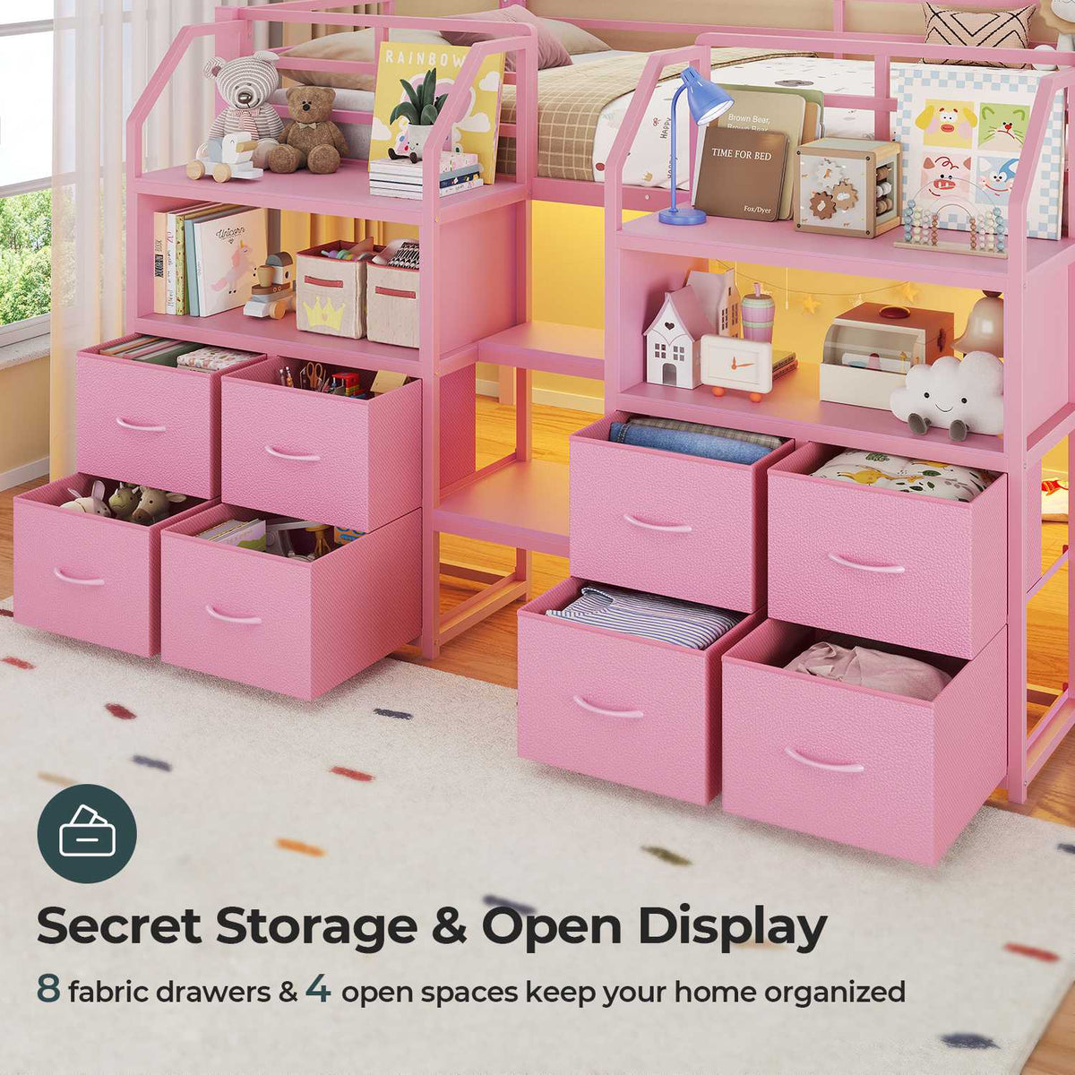 ADORNEVE Low Loft Bed Twin Size with Stairs and 8 Large Drawers LED Loft Bed with 4 Open Bookcases and 14" H Safety Guardrail