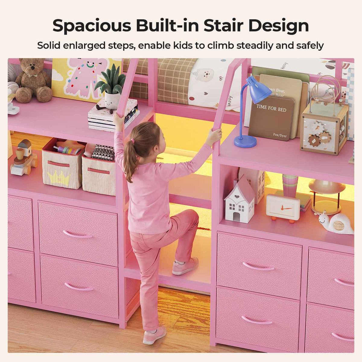ADORNEVE Low Loft Bed Twin Size with Stairs and 8 Large Drawers LED Loft Bed with 4 Open Bookcases and 14" H Safety Guardrail