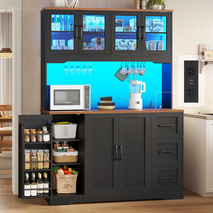 ADORNEVE | 47.3" Wide Pantry Cabinet with Charging Station and LED Lights Kitchen Pantry Cabinet with 3 Drawers and 2 Stemware Racks 8 Hooks Kitchen Hutch with Countertop and 4 Glass Doors