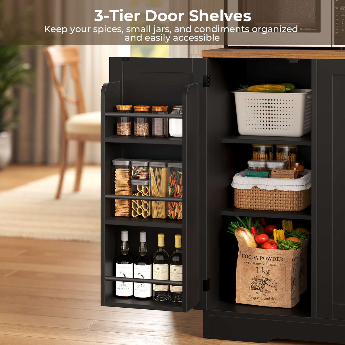 ADORNEVE | 47.3" Wide Pantry Cabinet with Charging Station and LED Lights Kitchen Pantry Cabinet with 3 Drawers and 2 Stemware Racks 8 Hooks Kitchen Hutch with Countertop and 4 Glass Doors