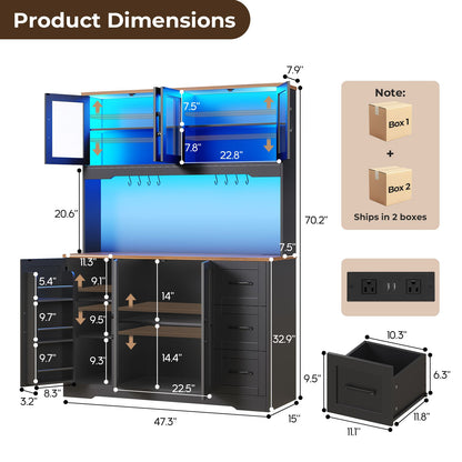 ADORNEVE | 47.3" Wide Pantry Cabinet with Charging Station and LED Lights Kitchen Pantry Cabinet with 3 Drawers and 2 Stemware Racks 8 Hooks Kitchen Hutch with Countertop and 4 Glass Doors