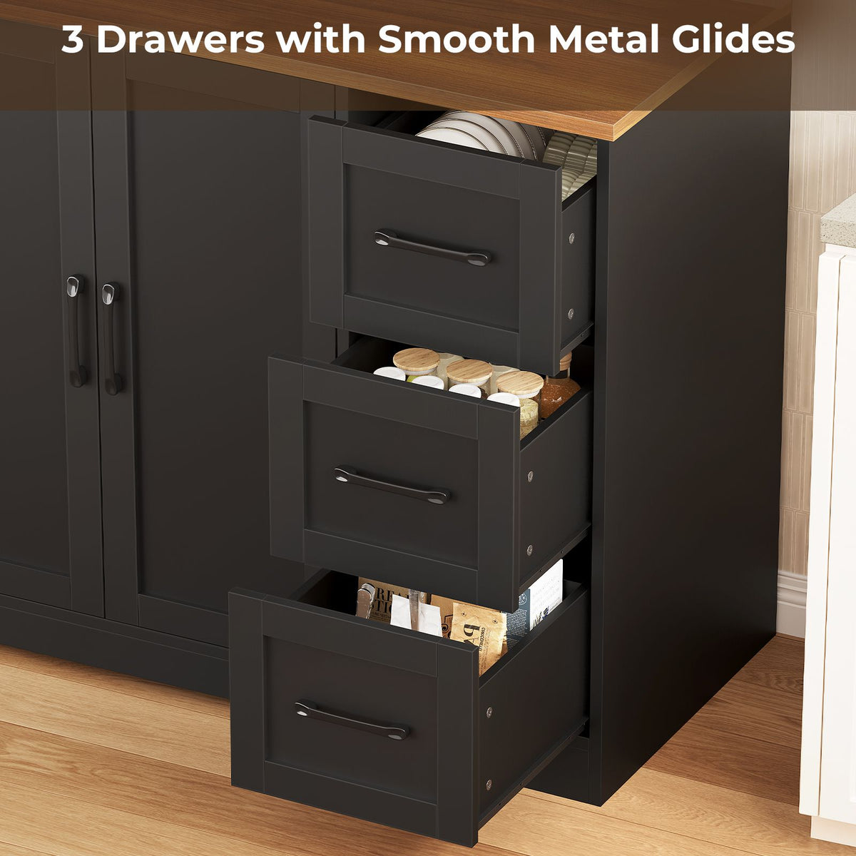 ADORNEVE | 47.3" Wide Pantry Cabinet with Charging Station and LED Lights Kitchen Pantry Cabinet with 3 Drawers and 2 Stemware Racks 8 Hooks Kitchen Hutch with Countertop and 4 Glass Doors