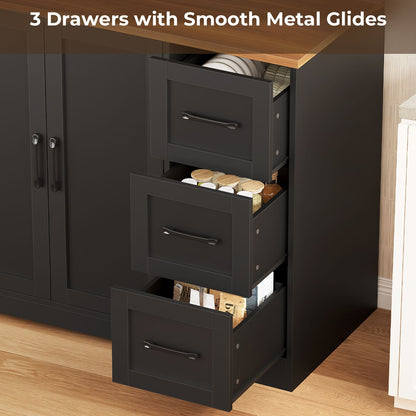 ADORNEVE | 47.3" Wide Pantry Cabinet with Charging Station and LED Lights Kitchen Pantry Cabinet with 3 Drawers and 2 Stemware Racks 8 Hooks Kitchen Hutch with Countertop and 4 Glass Doors