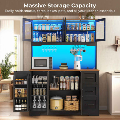 ADORNEVE | 47.3" Wide Pantry Cabinet with Charging Station and LED Lights Kitchen Pantry Cabinet with 3 Drawers and 2 Stemware Racks 8 Hooks Kitchen Hutch with Countertop and 4 Glass Doors