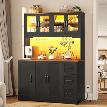 ADORNEVE | 47.3" Wide Pantry Cabinet with Charging Station and LED Lights Kitchen Pantry Cabinet with 3 Drawers and 2 Stemware Racks 8 Hooks Kitchen Hutch with Countertop and 4 Glass Doors