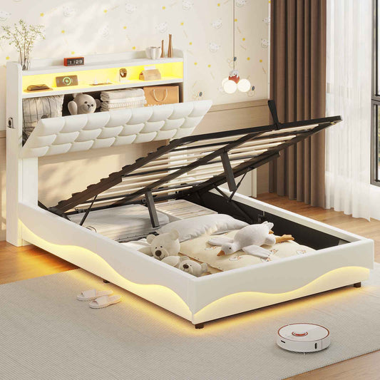 ADORNEVE Lift Up Storage Twin Bed Frame with Type-C Charging Station and Hidden Storage Headboard LED Upholstered Platform Bed with Hydraulic