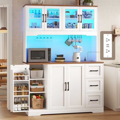 ADORNEVE | 47.3" Wide Pantry Cabinet with Charging Station and LED Lights Kitchen Pantry Cabinet with 3 Drawers and 2 Stemware Racks 8 Hooks Kitchen Hutch with Countertop and 4 Glass Doors