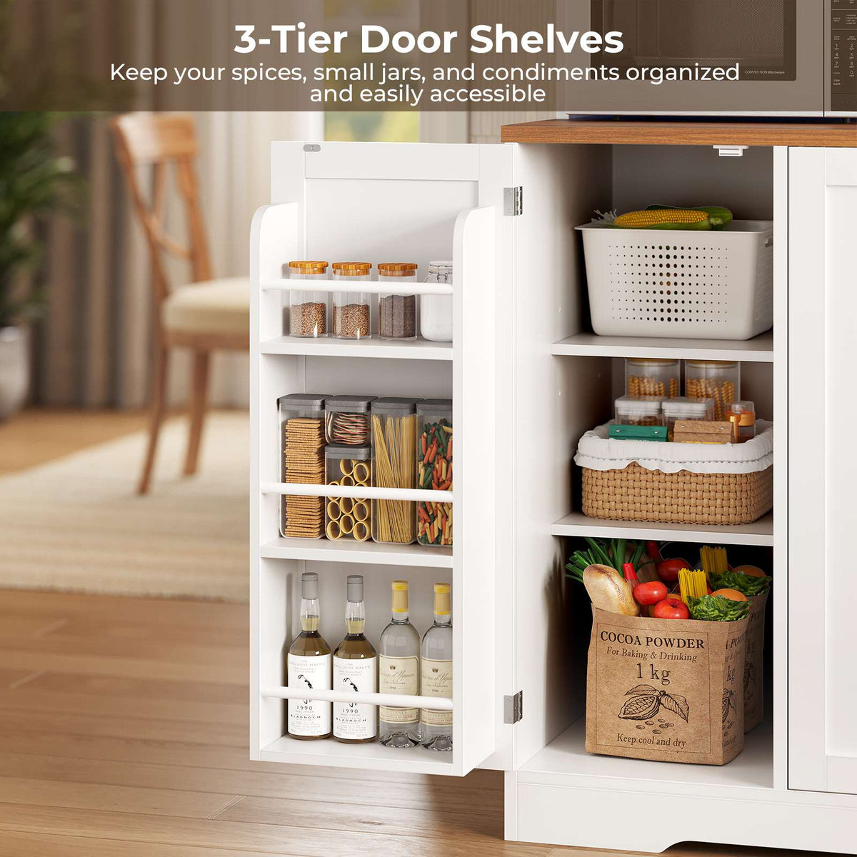 ADORNEVE | 47.3" Wide Pantry Cabinet with Charging Station and LED Lights Kitchen Pantry Cabinet with 3 Drawers and 2 Stemware Racks 8 Hooks Kitchen Hutch with Countertop and 4 Glass Doors