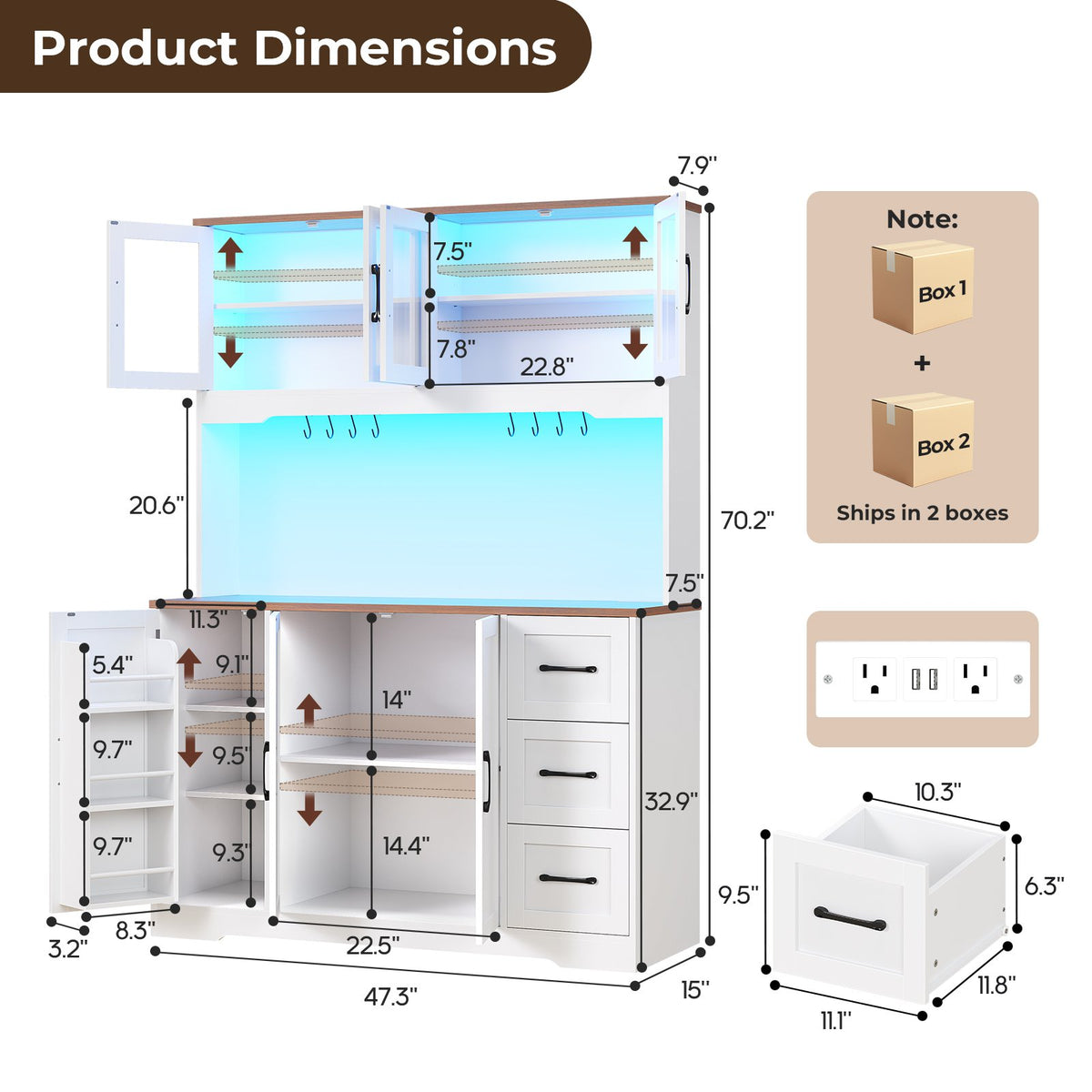 ADORNEVE | 47.3" Wide Pantry Cabinet with Charging Station and LED Lights Kitchen Pantry Cabinet with 3 Drawers and 2 Stemware Racks 8 Hooks Kitchen Hutch with Countertop and 4 Glass Doors