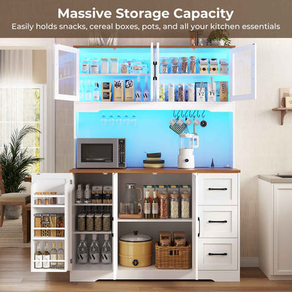 ADORNEVE | 47.3" Wide Pantry Cabinet with Charging Station and LED Lights Kitchen Pantry Cabinet with 3 Drawers and 2 Stemware Racks 8 Hooks Kitchen Hutch with Countertop and 4 Glass Doors