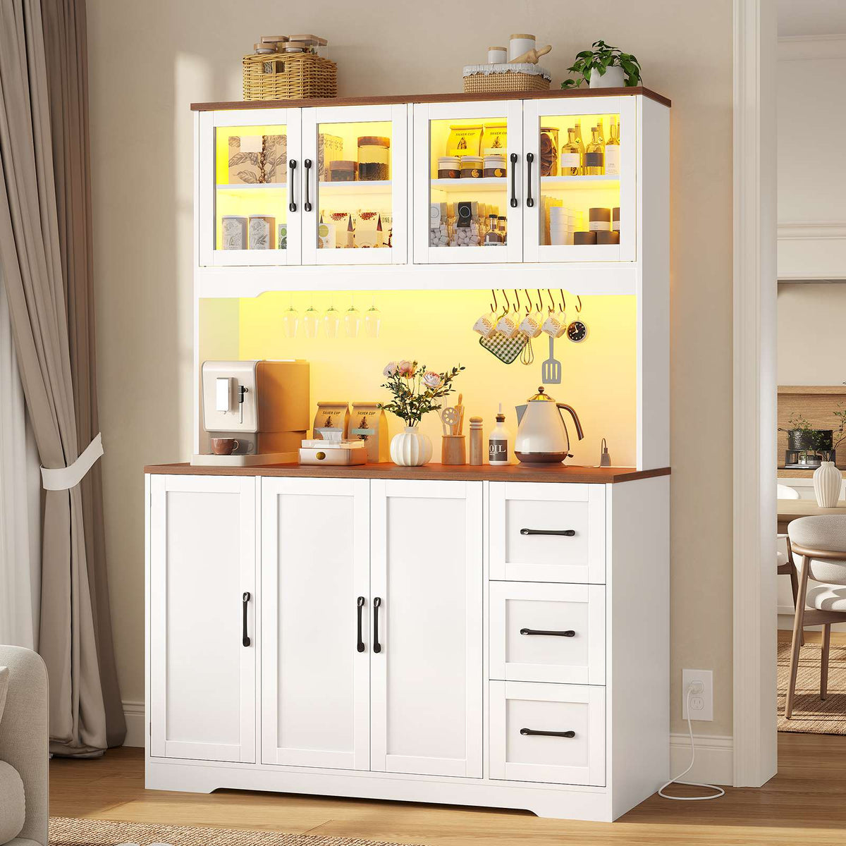 ADORNEVE | 47.3" Wide Pantry Cabinet with Charging Station and LED Lights Kitchen Pantry Cabinet with 3 Drawers and 2 Stemware Racks 8 Hooks Kitchen Hutch with Countertop and 4 Glass Doors