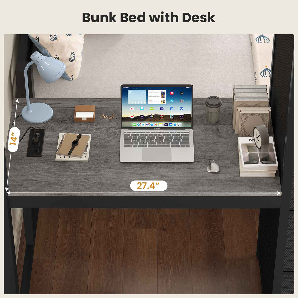 ADORNEVE | Twin Over Full Bunk Bed with Desk and 5 Drawers Power Strip LED Bunk Beds with Storage Pockets and Safety Guardrails