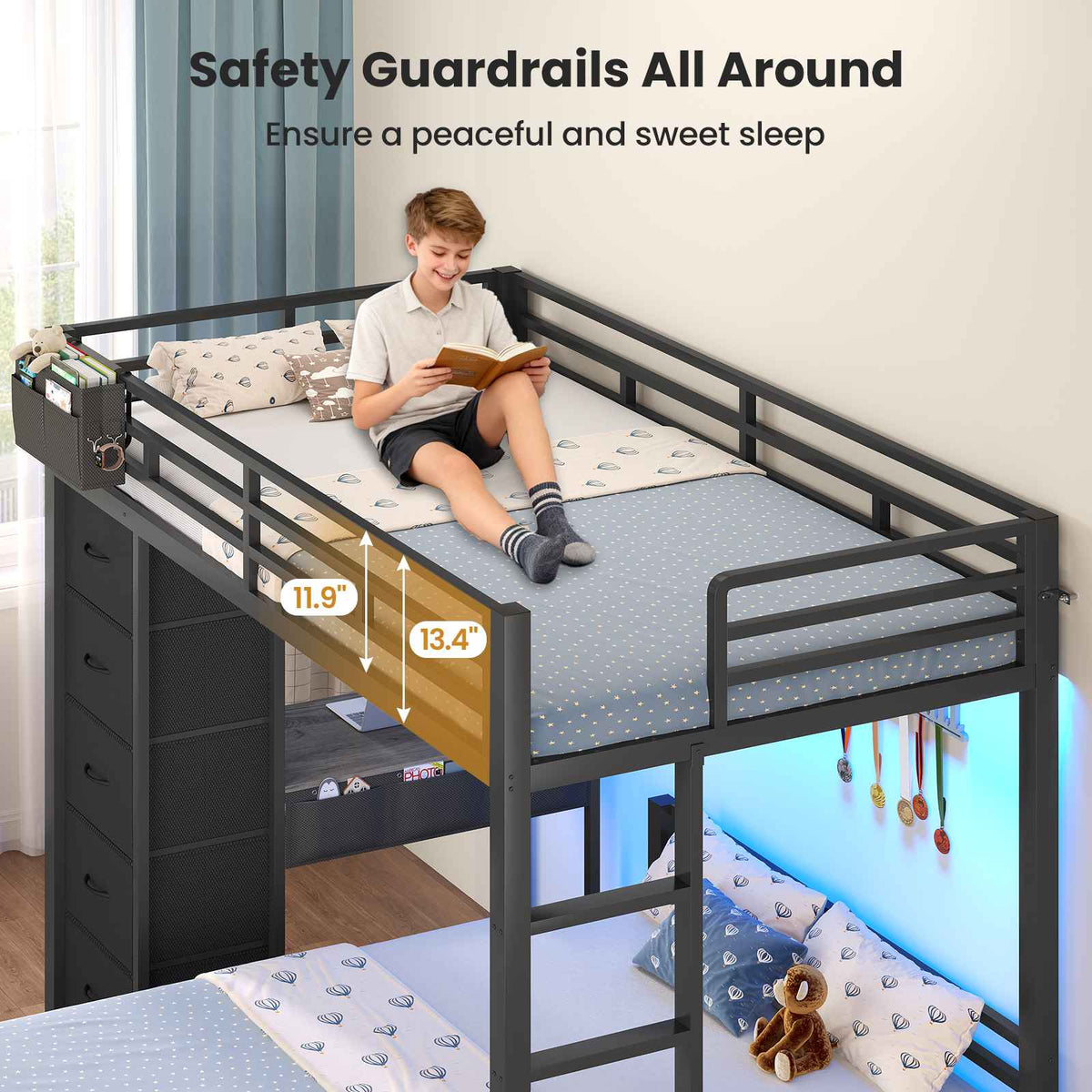 ADORNEVE | Twin Over Full Bunk Bed with Desk and 5 Drawers Power Strip LED Bunk Beds with Storage Pockets and Safety Guardrails