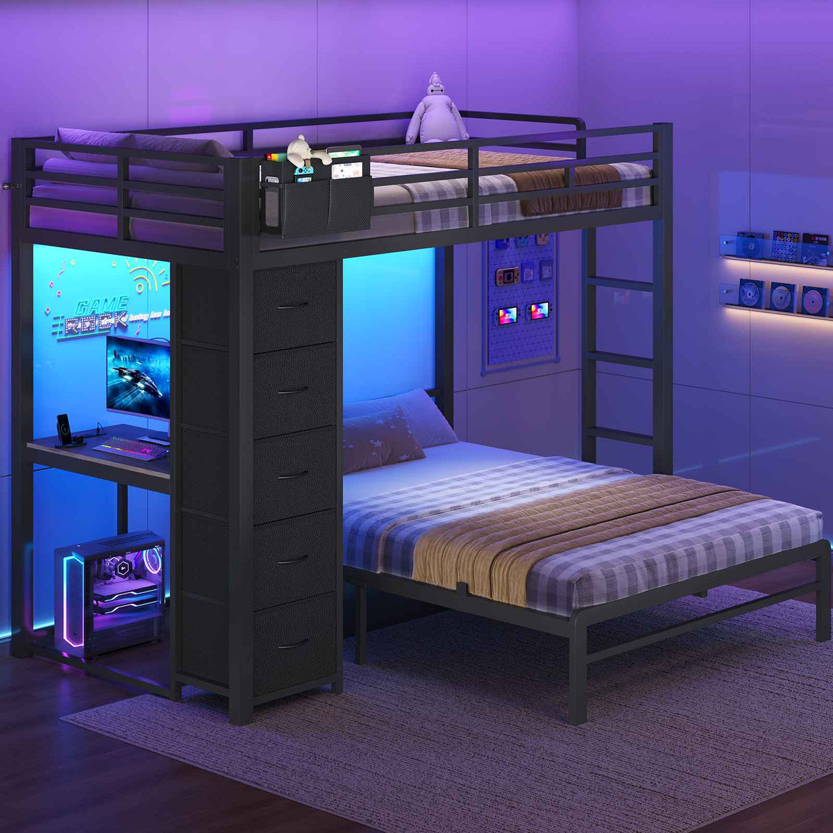 ADORNEVE | Twin Over Full Bunk Bed with Desk and 5 Drawers Power Strip LED Bunk Beds with Storage Pockets and Safety Guardrails