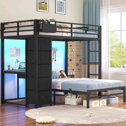 ADORNEVE | Twin Over Full Bunk Bed with Desk and 5 Drawers Power Strip LED Bunk Beds with Storage Pockets and Safety Guardrails
