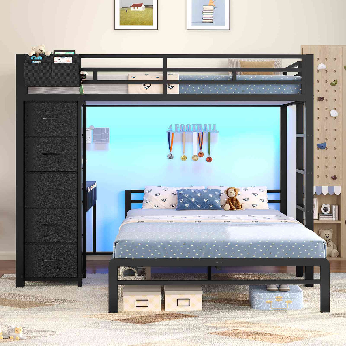 ADORNEVE | Twin Over Full Bunk Bed with Desk and 5 Drawers Power Strip LED Bunk Beds with Storage Pockets and Safety Guardrails