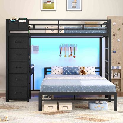 ADORNEVE | Twin Over Full Bunk Bed with Desk and 5 Drawers Power Strip LED Bunk Beds with Storage Pockets and Safety Guardrails
