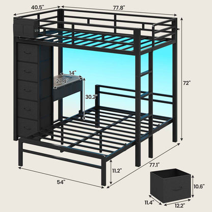 ADORNEVE | Twin Over Full Bunk Bed with Desk and 5 Drawers Power Strip LED Bunk Beds with Storage Pockets and Safety Guardrails