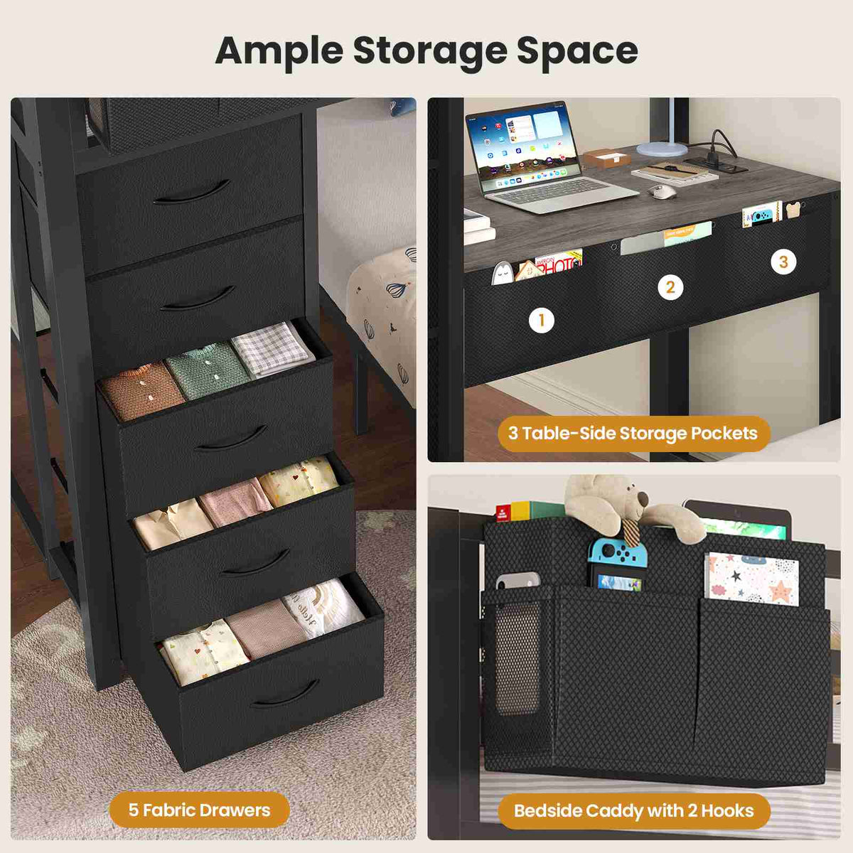 ADORNEVE | Twin Over Full Bunk Bed with Desk and 5 Drawers Power Strip LED Bunk Beds with Storage Pockets and Safety Guardrails