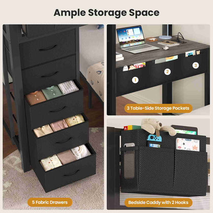 ADORNEVE | Twin Over Full Bunk Bed with Desk and 5 Drawers Power Strip LED Bunk Beds with Storage Pockets and Safety Guardrails