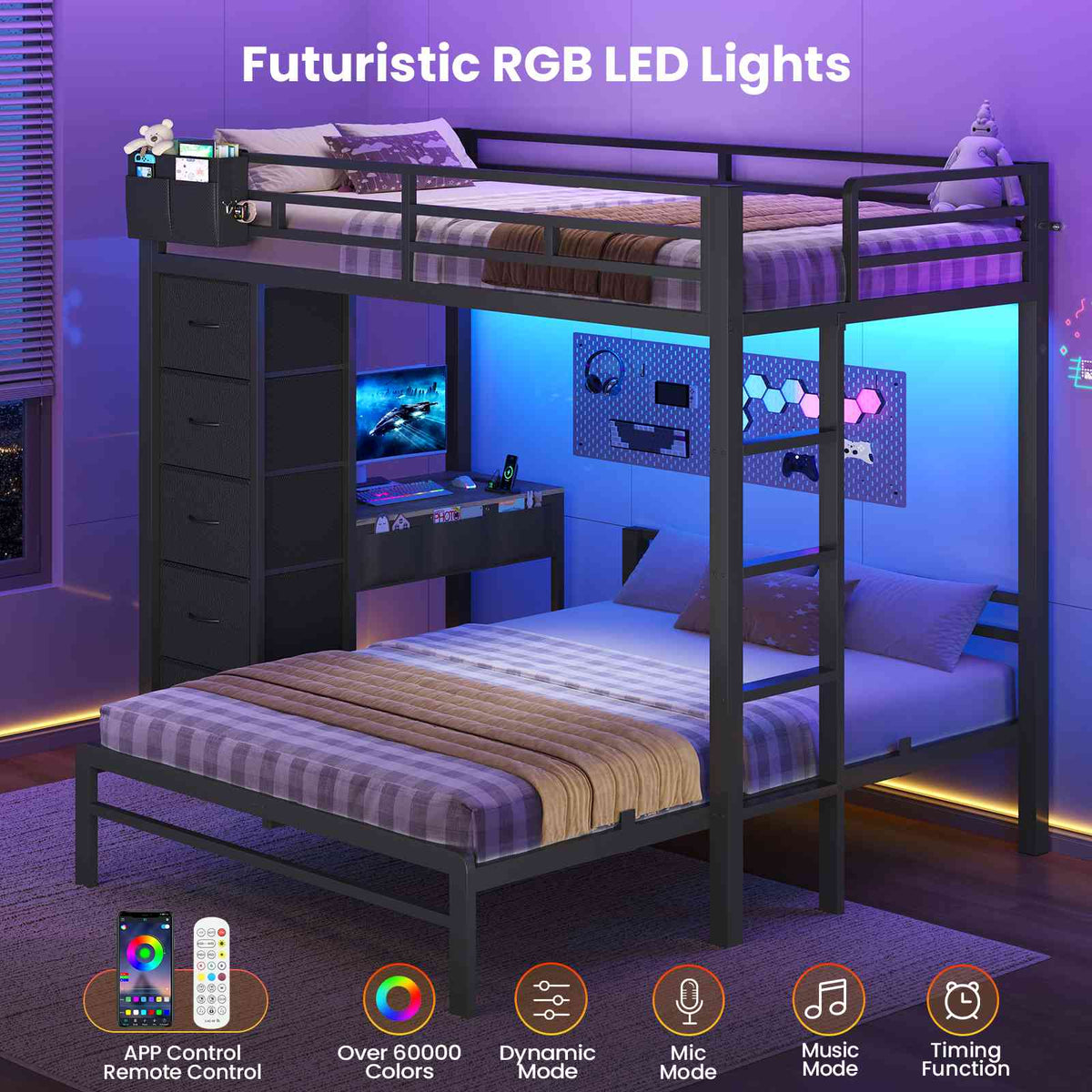 ADORNEVE | Twin Over Full Bunk Bed with Desk and 5 Drawers Power Strip LED Bunk Beds with Storage Pockets and Safety Guardrails