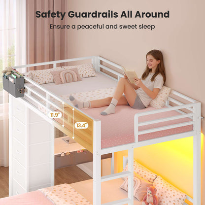 ADORNEVE | Twin Over Full Bunk Bed with Desk and 5 Drawers Power Strip LED Bunk Beds with Storage Pockets and Safety Guardrails