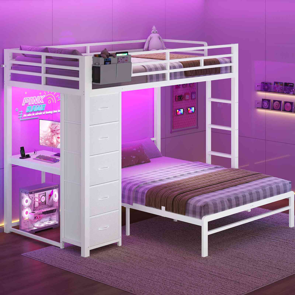 ADORNEVE | Twin Over Full Bunk Bed with Desk and 5 Drawers Power Strip LED Bunk Beds with Storage Pockets and Safety Guardrails