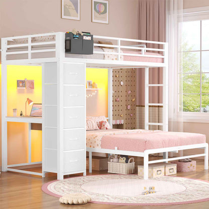 ADORNEVE | Twin Over Full Bunk Bed with Desk and 5 Drawers Power Strip LED Bunk Beds with Storage Pockets and Safety Guardrails