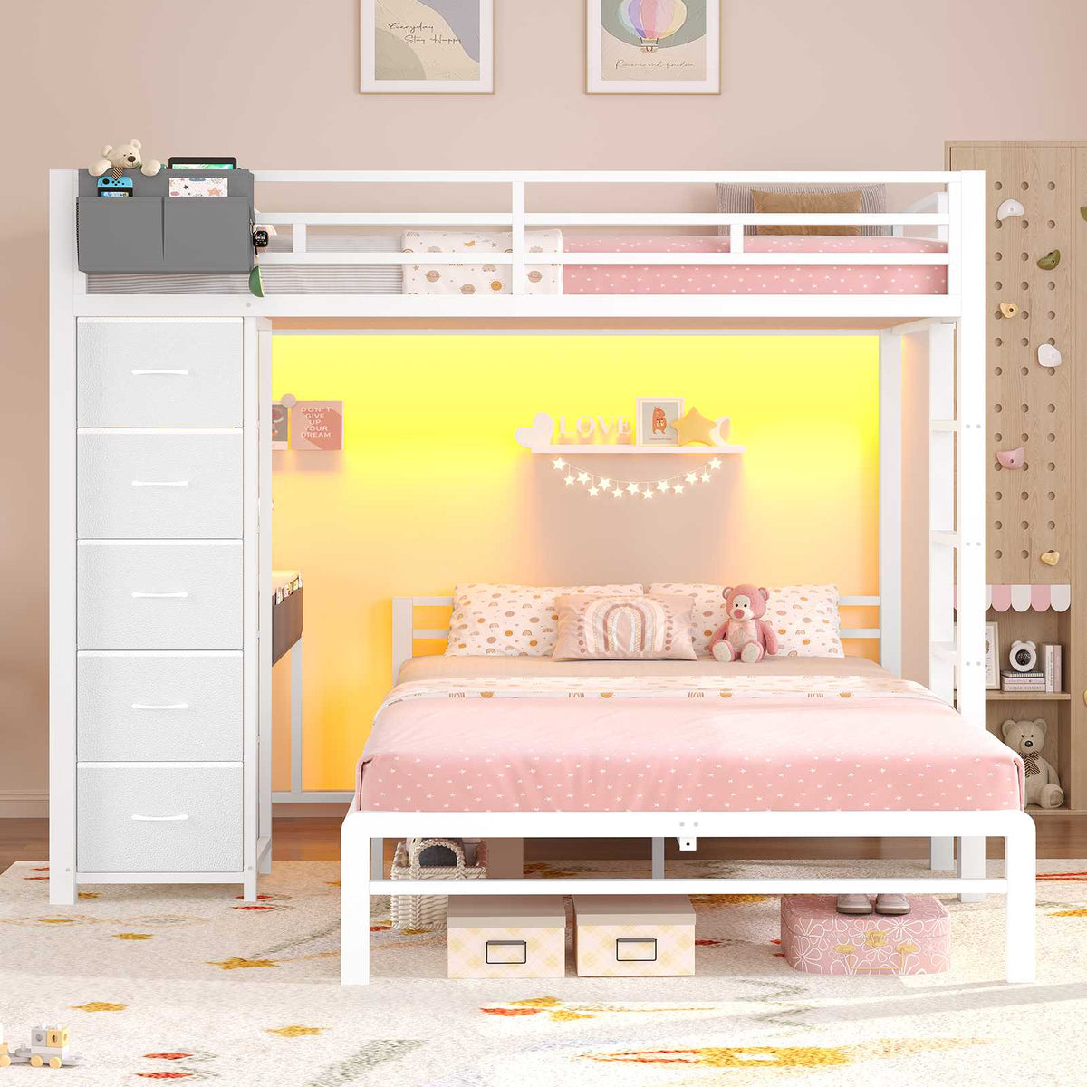 ADORNEVE | Twin Over Full Bunk Bed with Desk and 5 Drawers Power Strip LED Bunk Beds with Storage Pockets and Safety Guardrails