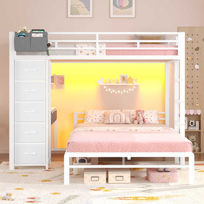 ADORNEVE | Twin Over Full Bunk Bed with Desk and 5 Drawers Power Strip LED Bunk Beds with Storage Pockets and Safety Guardrails