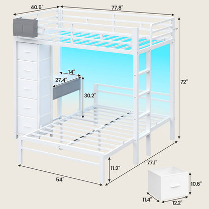 ADORNEVE | Twin Over Full Bunk Bed with Desk and 5 Drawers Power Strip LED Bunk Beds with Storage Pockets and Safety Guardrails