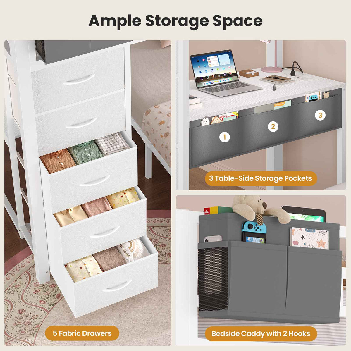 ADORNEVE | Twin Over Full Bunk Bed with Desk and 5 Drawers Power Strip LED Bunk Beds with Storage Pockets and Safety Guardrails