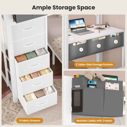 ADORNEVE | Twin Over Full Bunk Bed with Desk and 5 Drawers Power Strip LED Bunk Beds with Storage Pockets and Safety Guardrails