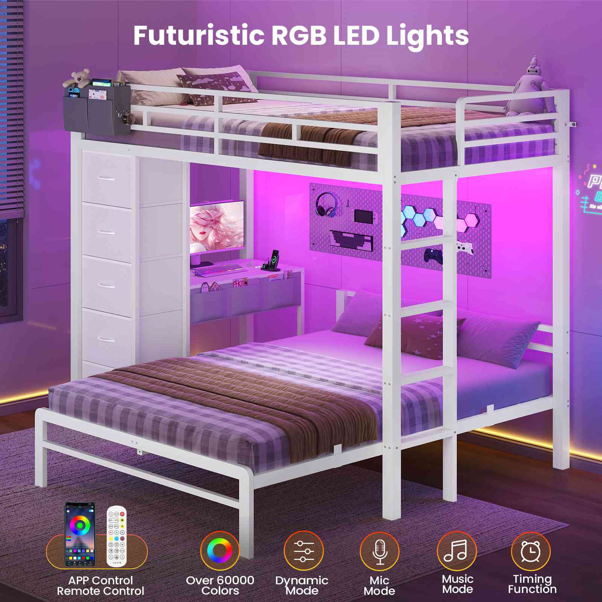 ADORNEVE | Twin Over Full Bunk Bed with Desk and 5 Drawers Power Strip LED Bunk Beds with Storage Pockets and Safety Guardrails