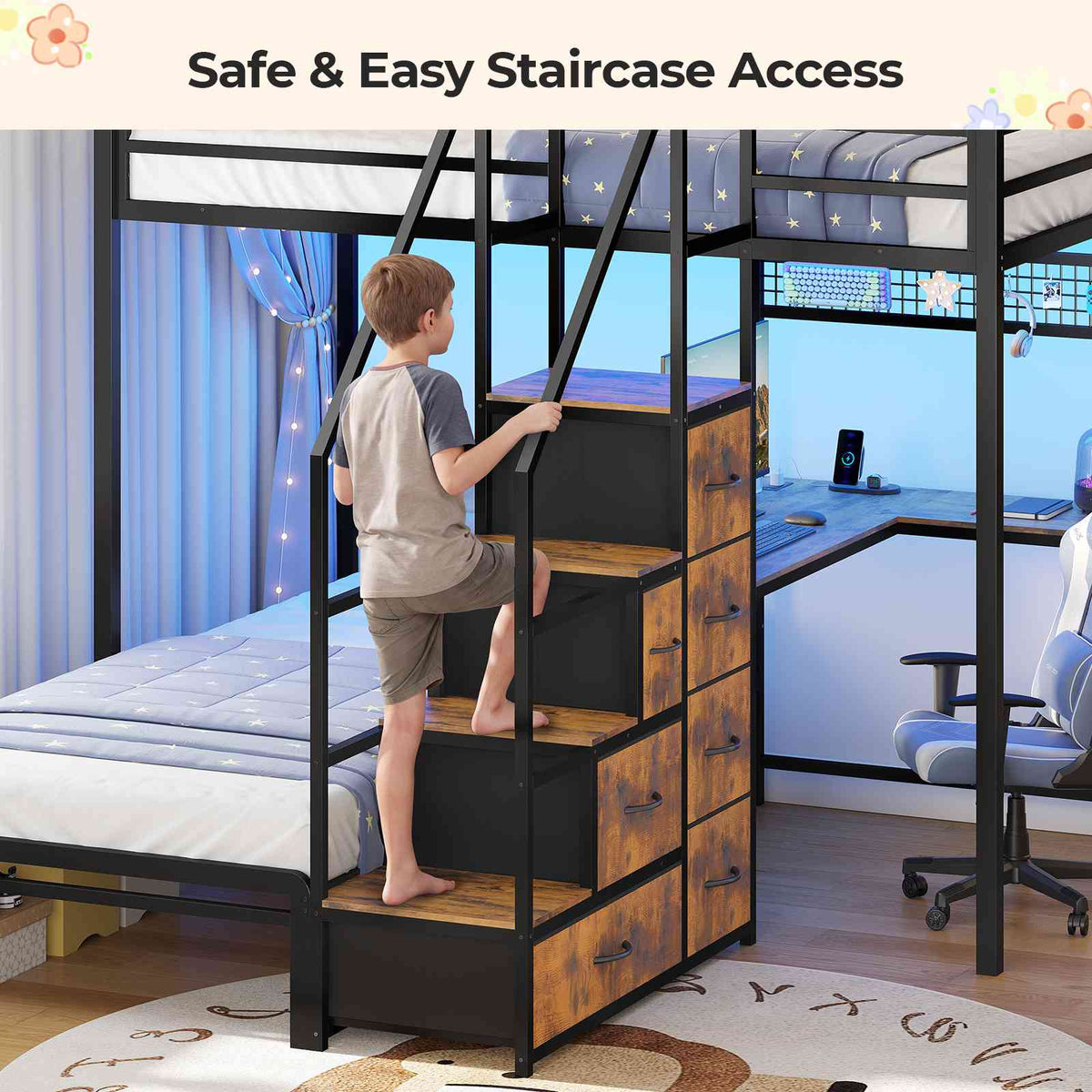 ADORNEVE | Bunk Bed Twin Over Twin with L-Shaped Desk and Stairs 7 Drawers LED Bunk Beds with Charging Station Metal Grid Panel