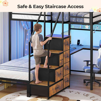 ADORNEVE | Bunk Bed Twin Over Twin with L-Shaped Desk and Stairs 7 Drawers LED Bunk Beds with Charging Station Metal Grid Panel